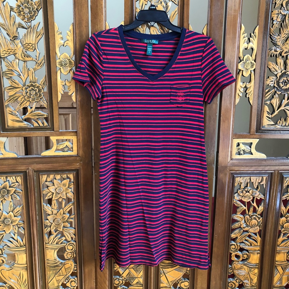 Lauren Ralph Lauren Striped V-Neck T-Shirt Dress